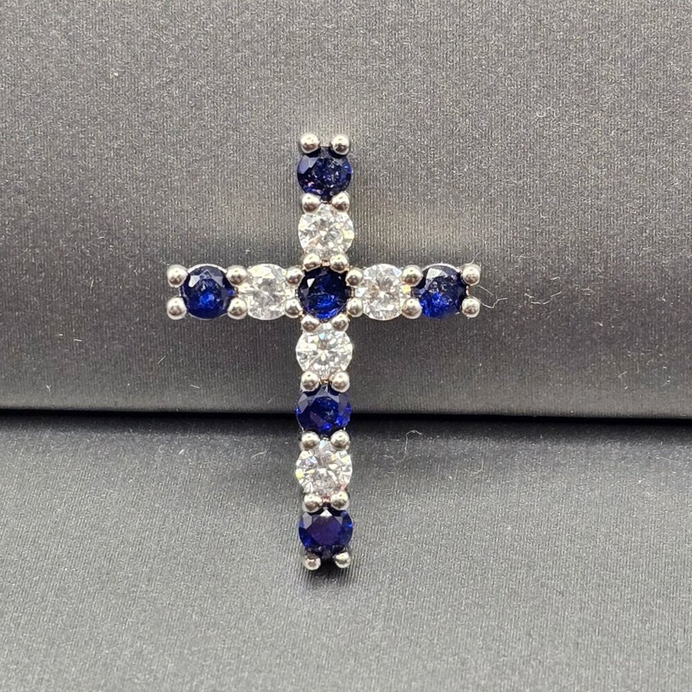 Sterling Silver Blue Crystal Cross Pendant Religious Signed Sun BR